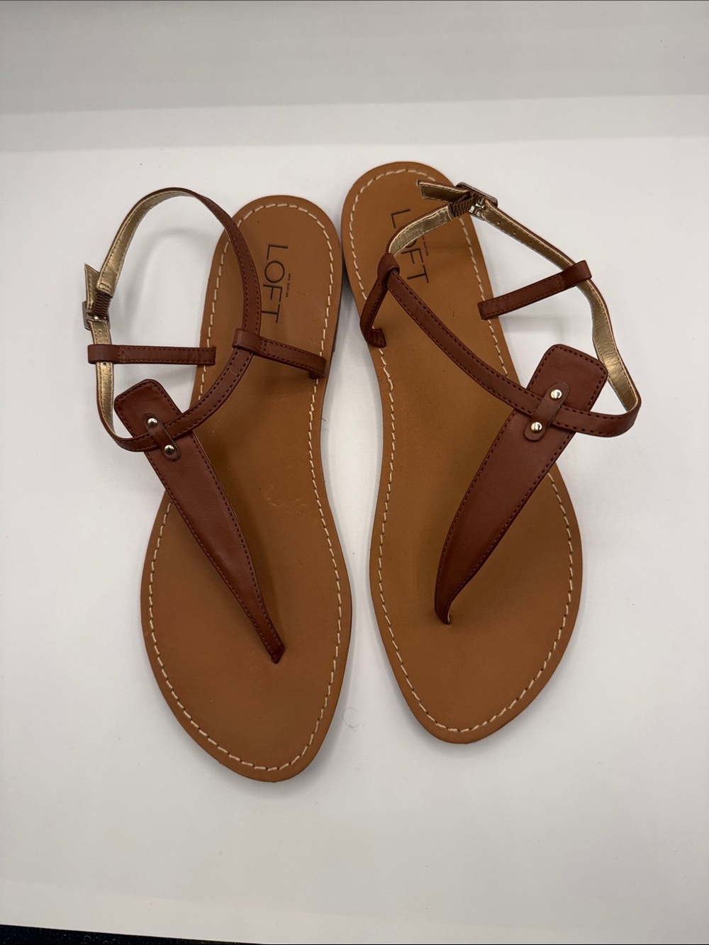 LOFT Tan Brown Leather T-Strap Sandals with Gold Accent